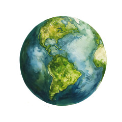 A watercolor painting of the Earth with green continents and blue oceans