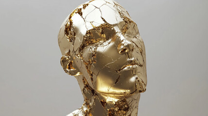 Generative AI image of fractured golden human sculpture