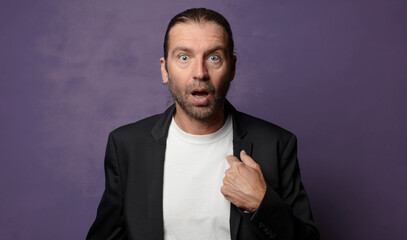 looking shocked and surprised with mouth wide open, pointing to self