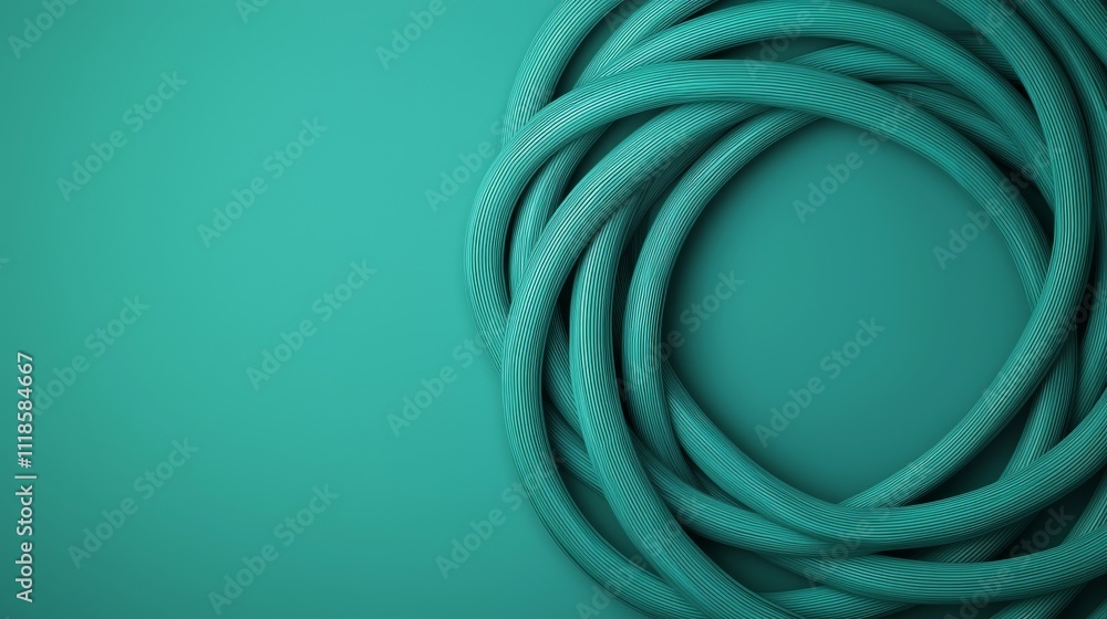 Poster a circular arrangement of textured teal hoses on a solid teal background, creating a visually appeal