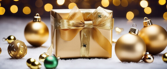 A gold gift box with a ribbon, gold Christmas ornaments, and some green ornaments. Merry Christmas