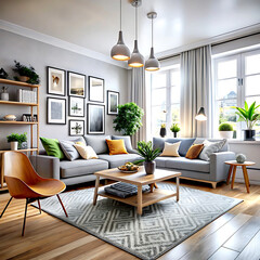 Fototapeta premium Interior design of modern scandinavian apartment, living room 3d rendering
