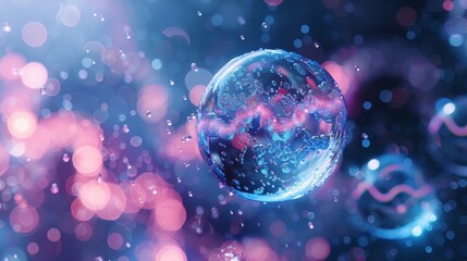 3D rendered liquid bubble containing a molecule, in a cosmetic essence, with a DNA water splash background. Captivating and vibrant