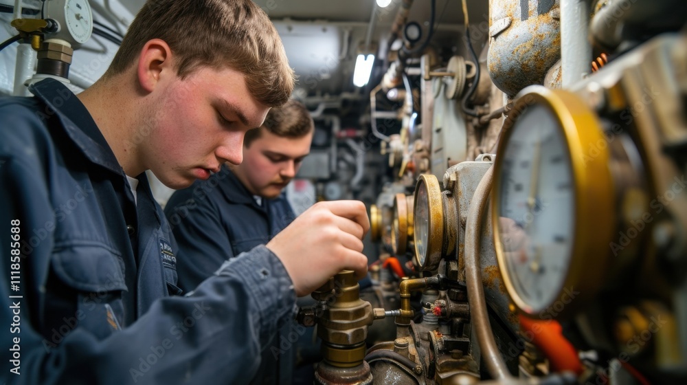 Poster with guidance from a seasoned engineer the engine cadet carefully adjusts the valves and gauges to e