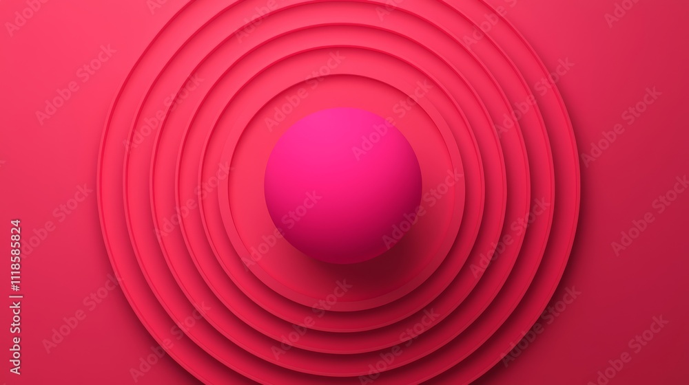 Poster a vibrant pink sphere sits at the center of concentric circular waves, creating a striking visual co