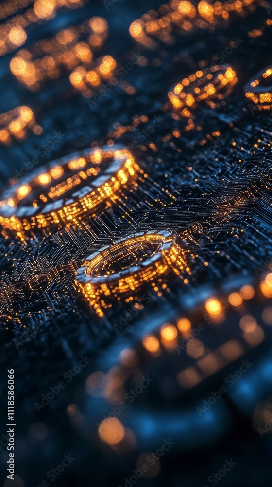 Poster illuminating circuitry: an abstract macro shot of a detailed circuit board, awash in a mesmerizing i