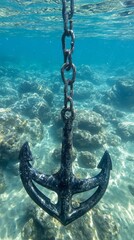 Oceanic Anchor: A vintage anchor descends gracefully into the depths of the ocean, tethered by a robust chain and set against the backdrop of a coral reef. The image evokes a sense of serenity, depth.