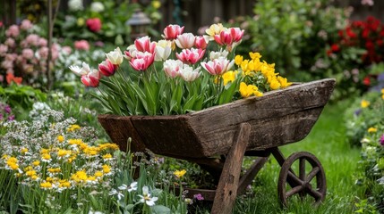 Colorful tulips in rustic wheelbarrow, blooming spring garden.