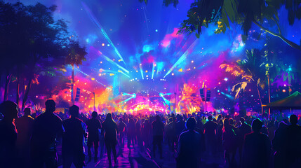 A vibrant festival at night with a sea of people, illuminated by colorful, pulsating lights from the stage, capturing the energy and euphoria of a live musical performance. Euphoria. Illustration