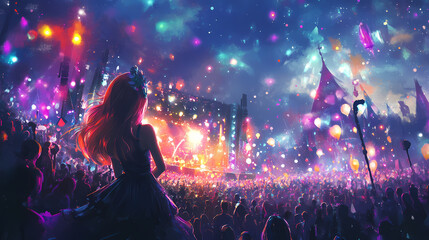 A vibrant festival at night with a sea of people, illuminated by colorful, pulsating lights from the stage, capturing the energy and euphoria of a live musical performance. Euphoria. Illustration