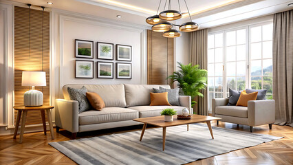 Fototapeta premium Interior design of modern scandinavian apartment, living room 3d rendering