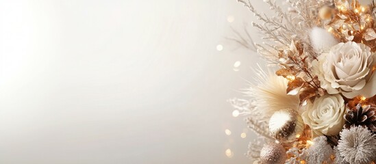 Obraz premium festive elegant bouquet made of dried flowers plants feathers, decorated with warm fairy lights and Christmas balls, banner with copy space. holiday greeting card, floral arrangement tutorial concept.