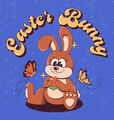 Funny poster with rabbit and butterflies. Retro style rabbit character poster