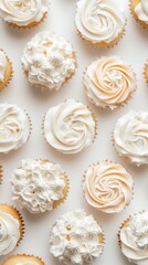 Vanilla Cupcakes Delight: An overhead shot showcases an array of delectable vanilla cupcakes, adorned with swirls of creamy white and pale peach frosting.