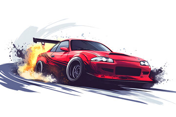 Fototapeta premium A dynamic illustration of a red sports car drifting with flames and tire smoke.