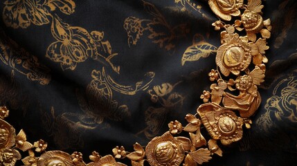 Obraz premium Elegant Golden Embroidery on Black Fabric with Floral Patterns