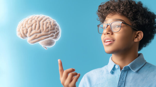 Young neuroscientist demonstrates innovative neurological research using a floating digital model of the human brain