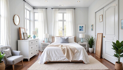 Bright and cozy modern bedroom interior
A bright, airy bedroom featuring neutral tones, greenery, and modern minimalist decor.