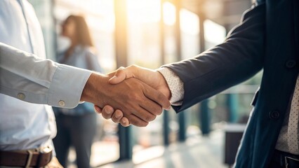 Handshake in the background of office, business partnership and cooperation