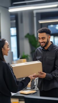 Delivery Exchange: An amicable exchange between a woman and a man, one handing over a package, capturing a moment of transaction in a service-oriented setting.