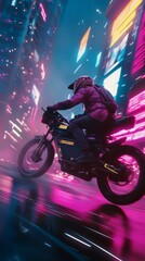 Neon Rider: A figure on a motorcycle speeds through a vibrant neon-lit cityscape at night. The image captures the thrill of the ride and the futuristic urban setting.