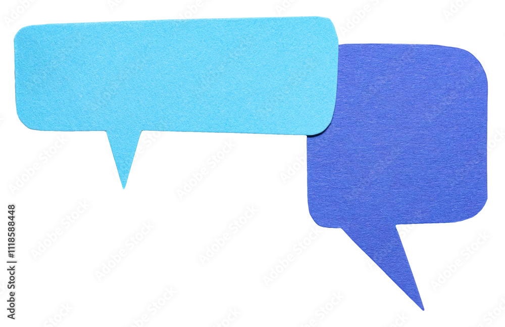 Aufkleber two blue blank cut out cardboard paper speech bubbles with rough edges and copy space for text on tr