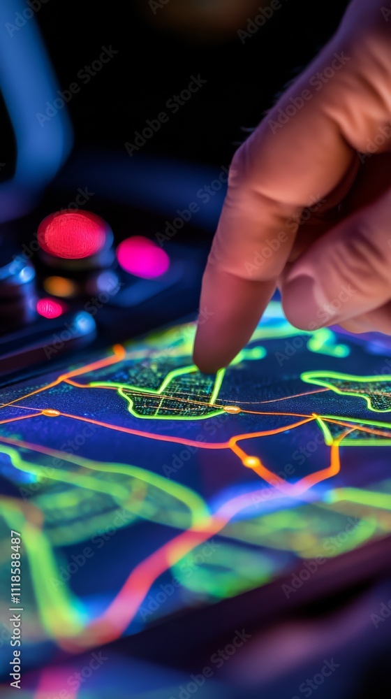 Poster navigating the digital world: a close-up view of a hand interacting with a glowing, high-tech digita
