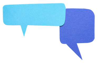 Two blue blank cut out cardboard paper speech bubbles with rough edges and copy space for text on transparent png background design element