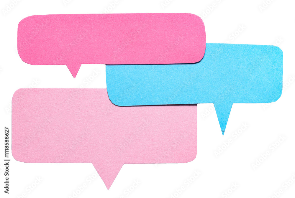 Fototapete blue pink blank cut out cardboard paper speech bubbles with rough edges and copy space for text on t