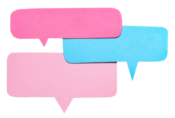 Blue pink blank cut out cardboard paper speech bubbles with rough edges and copy space for text on transparent png background design element