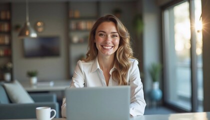 business woman smiling while working at the laptop, entrepreneur, communication, manager, leadership, success, career, freelance, meeting, student