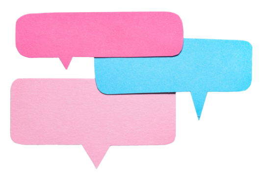 Blue pink blank cut out cardboard paper speech bubbles with rough edges and copy space for text on transparent png background design element