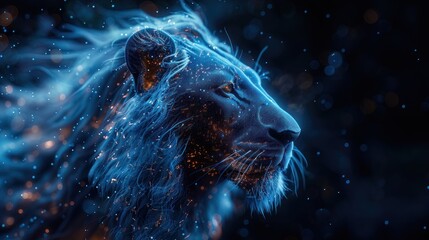 Glowing blue digital lion head technology with background dark