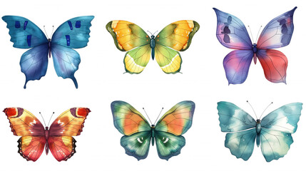 A set of six colorful butterflies with different patterns and colors