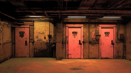 Three pink doors in a dimly lit, aged, industrial basement corridor.
