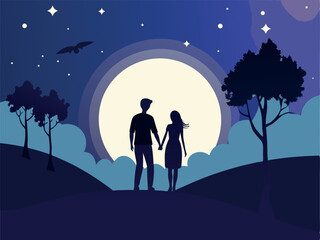 romantic couple under full moon holding hands silhouette. eps 10