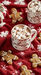 Fototapeta premium Cozy Christmas Cocoa & Cookies: A festive scene unfolds with a delightful mug of cocoa topped with fluffy marshmallows, surrounded by charming gingerbread men and festive decorations. A cozy treat.