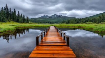 Obraz premium A wooden walkway with railings stretches over a tranquil lake, framed by lush greenery and a cloudy sky, perfect for exploring the natural landscape on a rainy day