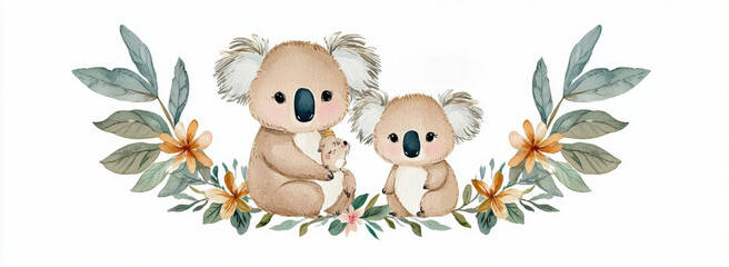 Obraz premium minimal photostock of a Watercolor cute cartoon little baby and mom koala with floral wreath