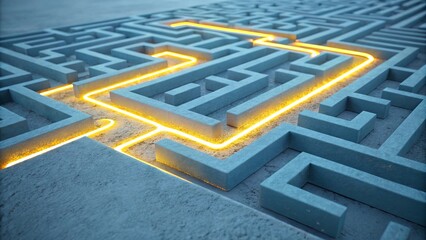 Three-dimensional labyrinth with illuminated paths, symbolizing the search for solutions and the way out of a difficult situation