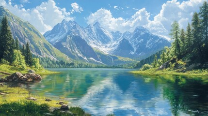 Fototapeta premium Serene Mountain Lake Reflection: A Breathtaking Vista