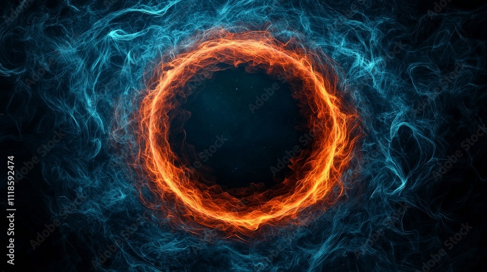 Aufkleber a glowing circular pattern with fiery orange and blue wisps, set against a dark background, creating