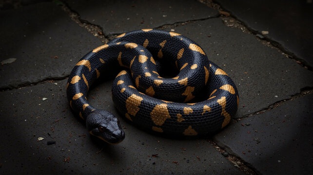 Black and yellow spotted jungle carpet python on dark stone surface