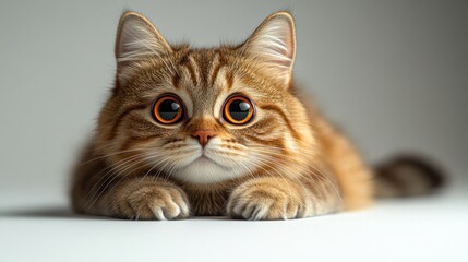 A playful cat lounges on a smooth surface, its curious eyes capturing attention