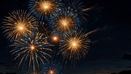 Fototapeta premium Bright gold and blue fireworks burst against a dark night sky.
