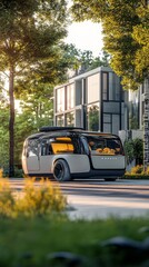 Obraz premium Autonomous Vehicle on Residential Street: A sleek, futuristic autonomous vehicle drives down a tree-lined residential street, showcasing its design and integration into a modern urban landscape. 