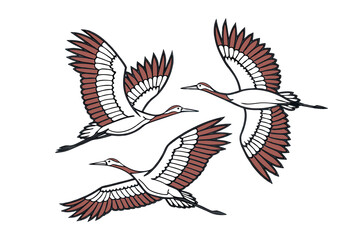 artistic illustration of flying cranes with red accents. eps 10