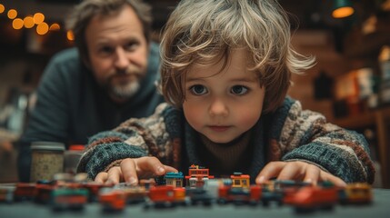 A young boy focuses intently on a collection of colorful toy cars spread before him, while his father watches with a warm smile in a dimly lit room.