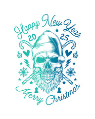 Skull with beard and mustache in Santa Claus hat. Christmas and New Year poster. Original vector illustration in vintage style. T-shirt design.