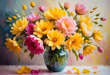 Watercolor paintings flowers in a vase, bouquet of colorful flowers, still life with flowers